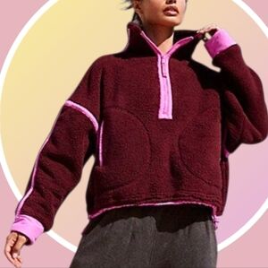 NWT 3X Quarter Zip High Pile Sherpa Pullover Maroon w Pink Trim & 2 Pockets